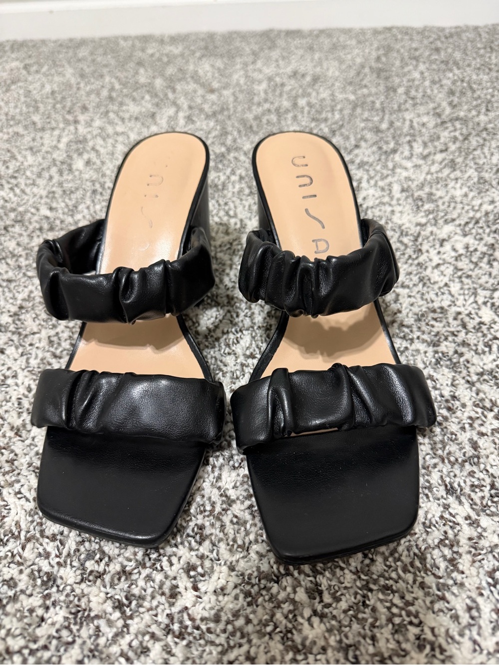 Unisa Black Ruched Double-Band Slide Mules